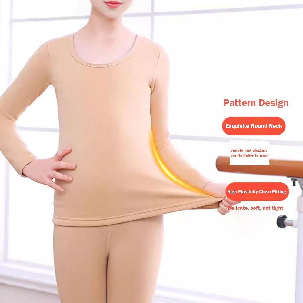 Fashion Winter Kids Thermal Underwear Suits Nude Color Fleece Ballet Underwear Set Warm Stretch Leotard