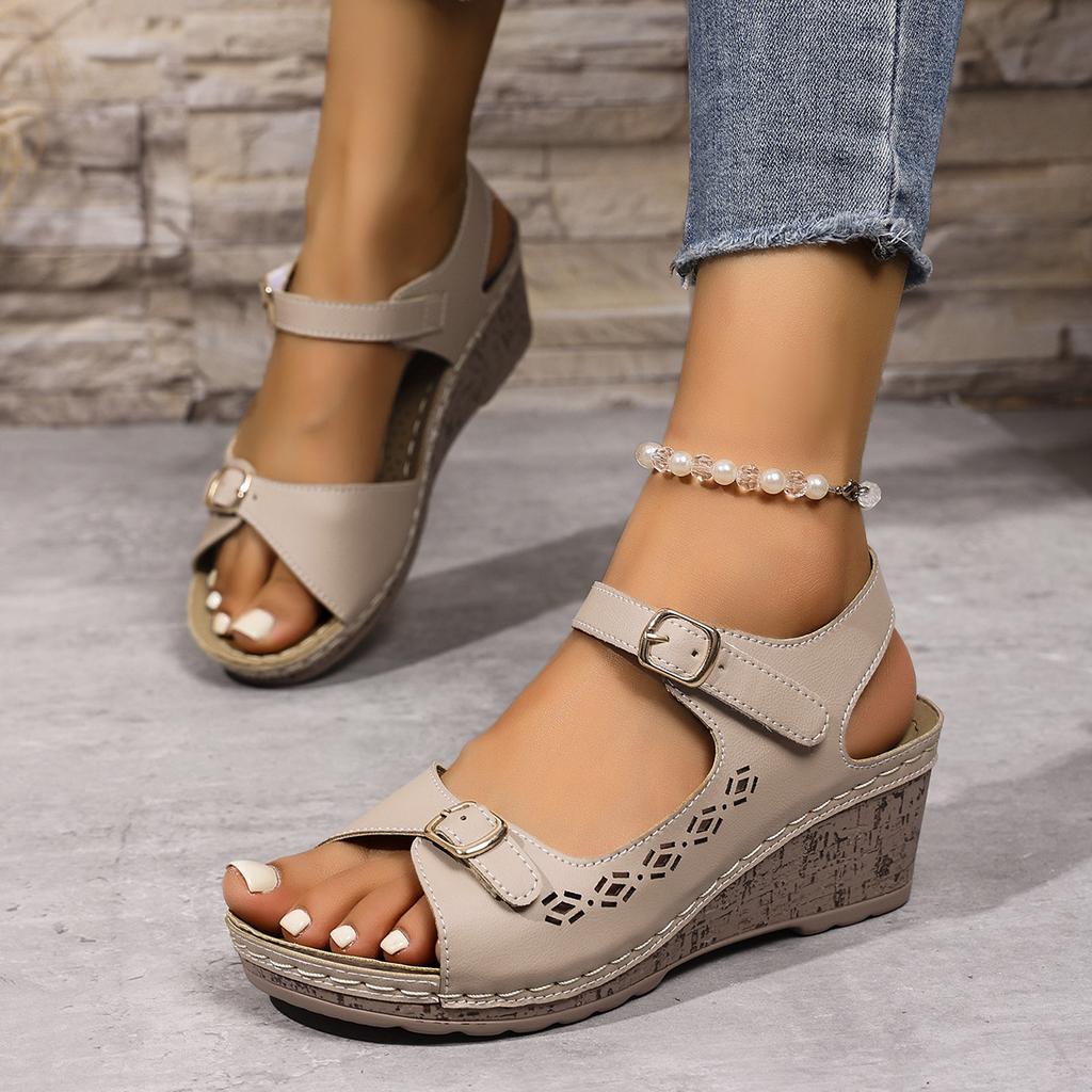 New sandals women's wedge heel Velcro thick sole large size one-word sandals