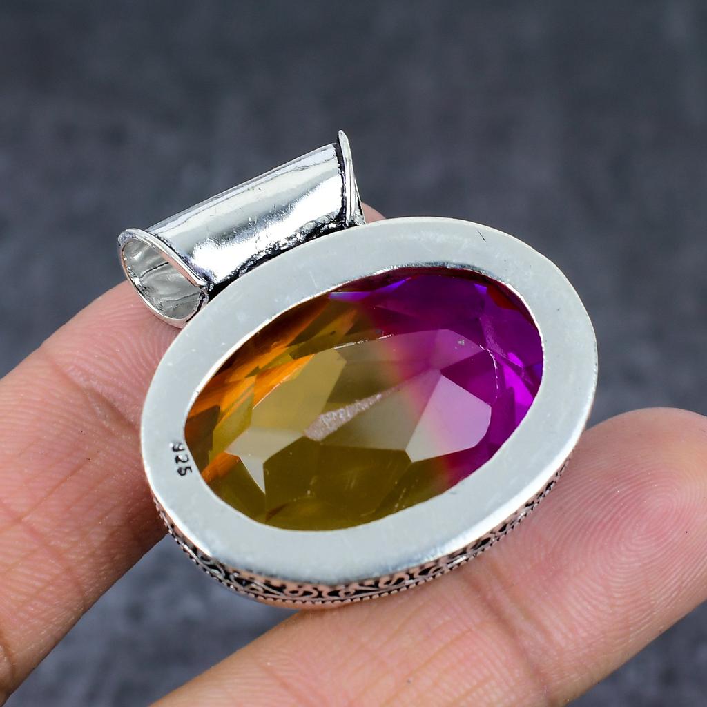 Natural Bi-Color Tourmaline 925 Sterling Silver Jewelry Pendant 1.58" k3e04