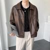 Men Jacket Lapel Long Sleeve Flap Pockets Single-Breasted Jacket Coat Solid Color Loose Fit Waterproof Warm Imitation Leather Jacket