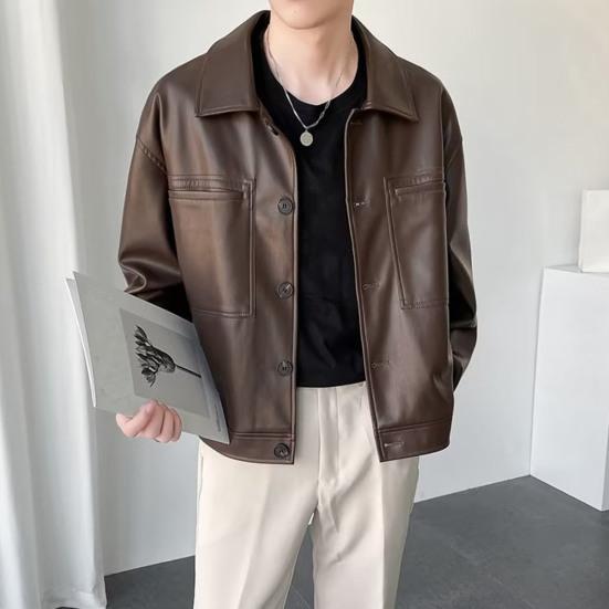 Men Jacket Lapel Long Sleeve Flap Pockets Single-Breasted Jacket Coat Solid Color Loose Fit Waterproof Warm Imitation Leather Jacket