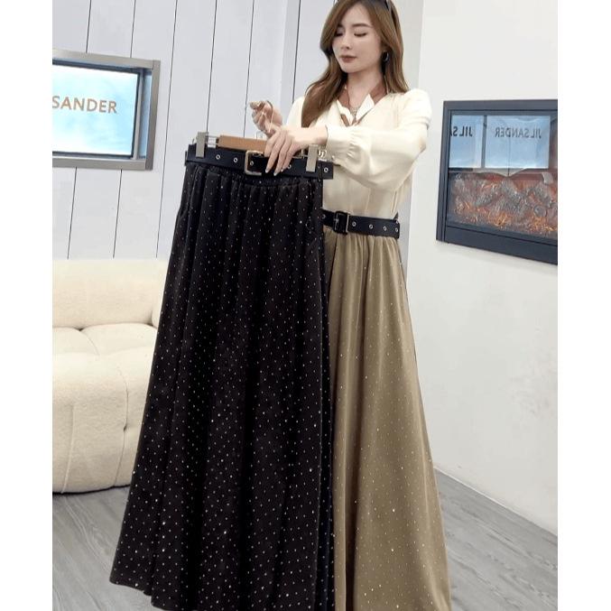 Women's Rhinestone High Waist Mid-Length A-Line Skirt with Large Hem