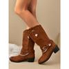 Women's Casual and Versatile Medium Boots New Fall Round Toe Chain Block Heel Solid Color Fashion Boots