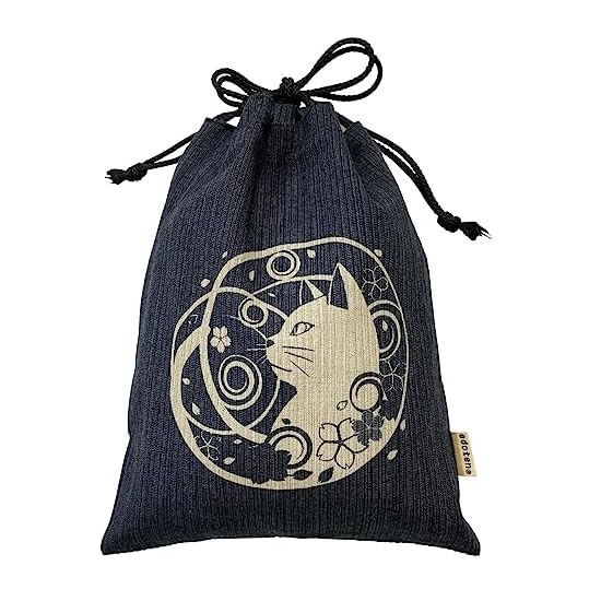 [Edo-ten] Shingen-bukuro (Drawstring Bag) with Discharge-Printed Cat Pattern, Cotton 100%, Shijira W