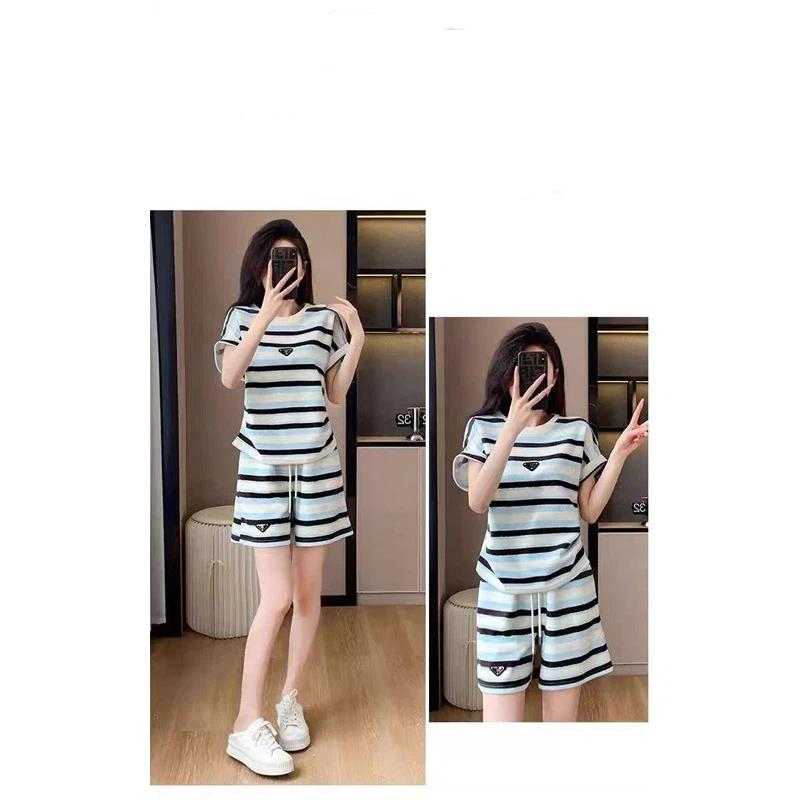 Women Striped 2 Piece Outfit Irregular Hem Short Sleeve T-shirt Drawstring Elastic Waist Shorts Casual Summer Tracksuit Loungewear Set
