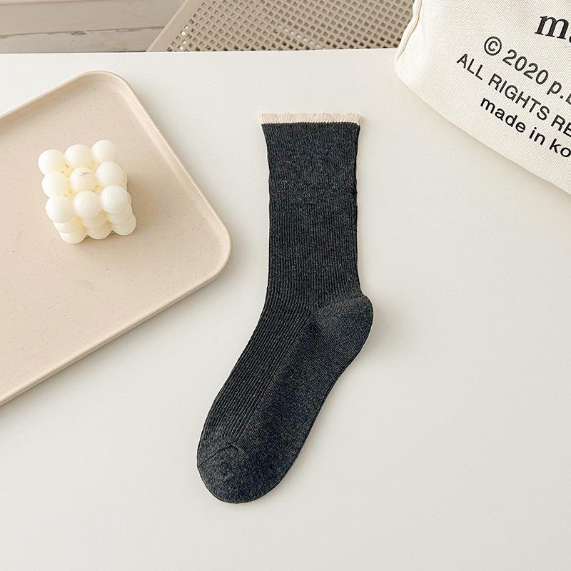 Spring and Summer Thin Lace Pile Socks, Color-blocking Mid-calf Socks, Versatile Flanged Socks, Women's Cotton Socks