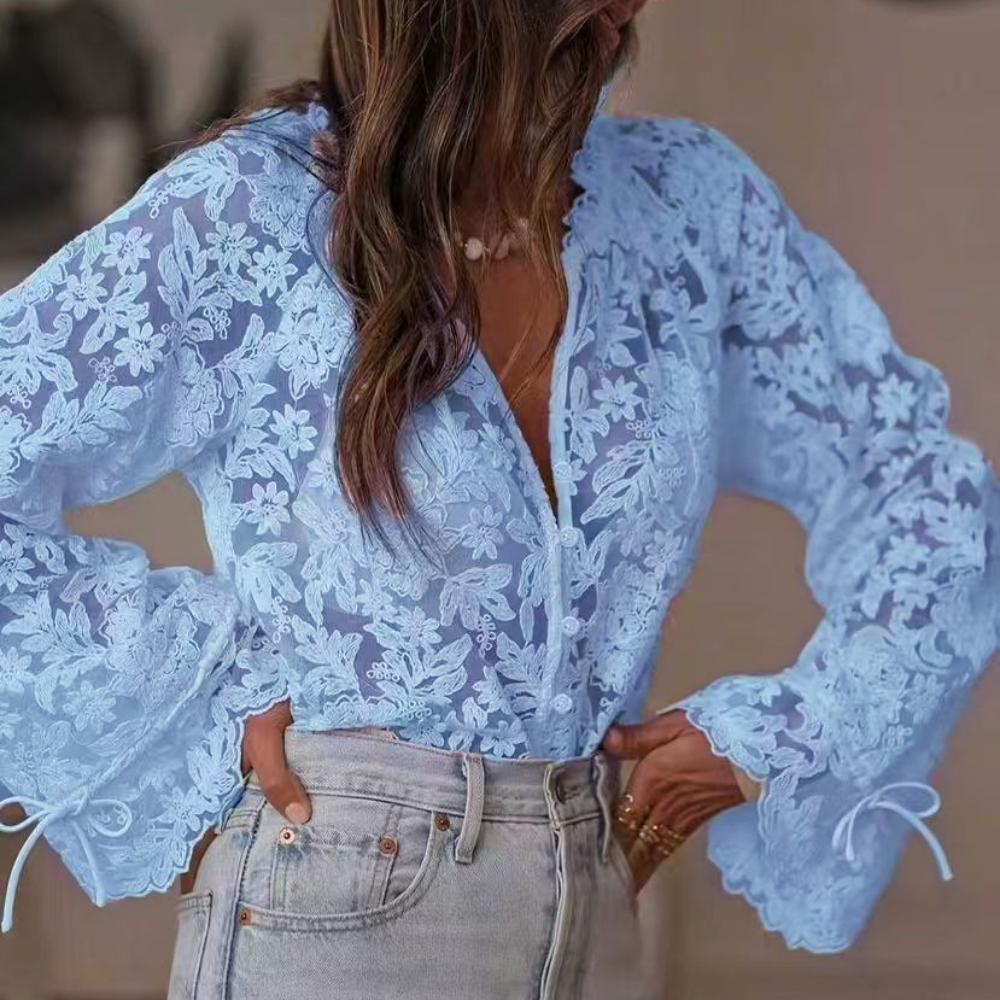 

Женская ажурная повседневная кружевная рубашка Кружевной топ с длинным рукавом S-XXL S синий