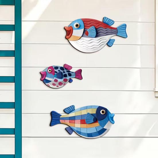 3D Layered Wood Carving 3Pcs Wooden Fish Wall Art, Nautical Hanging Ornaments, Rustic Ocean Style Punch Free Sculpture, Coastal Decorations for Beach