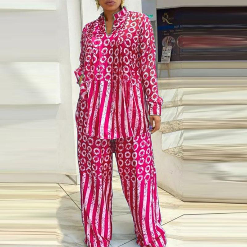 Damen-Sets in Übergröße, V-Ausschnitt, langärmlig, bedruckt, Oberteil und gerade Hose