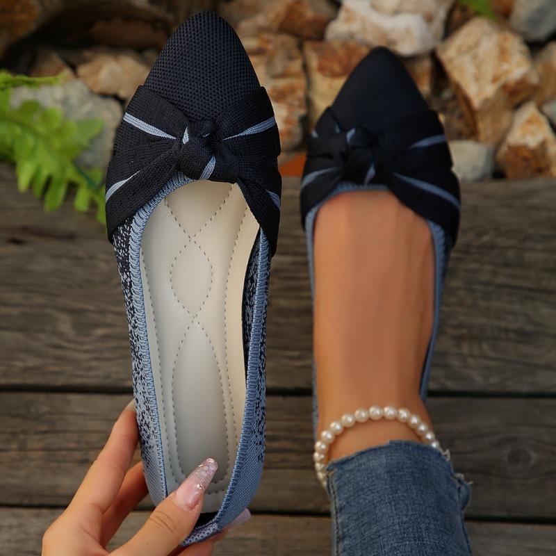 Women's Pointed Toe Slip-On Flats, Breathable Flyknit Bow Loafer Shoes, Plus Size Casual Spring Fall Shoes