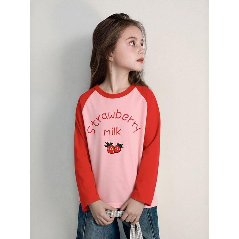 2026 Kidsren's Clothing Kidsren's Pure Cotton Long-Sleeved T-Shirt Girls Cartoon Fruit Strawberry Print Spring New Knitwear Ins