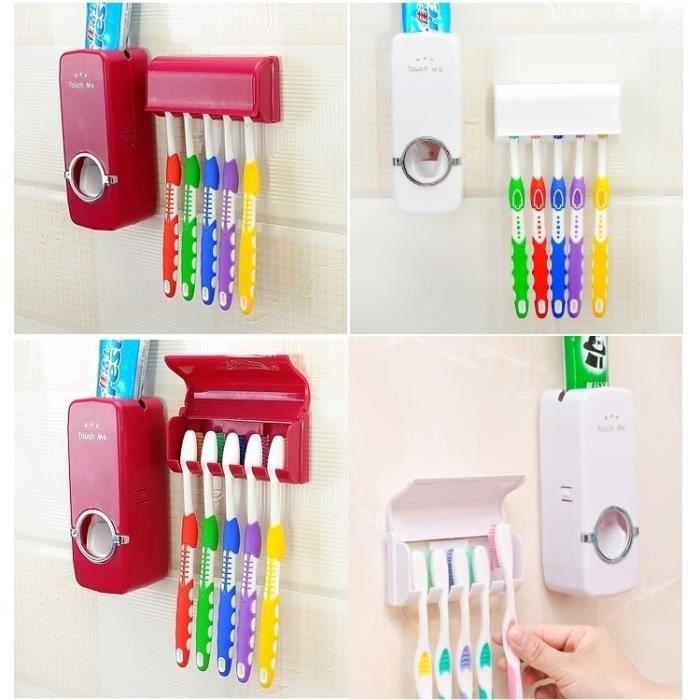 Distributeur automatique de dentifrice - TOOTHPASTEDISPENSER-R - Rouge - 5 porte-brosses - Fixation murale - PP