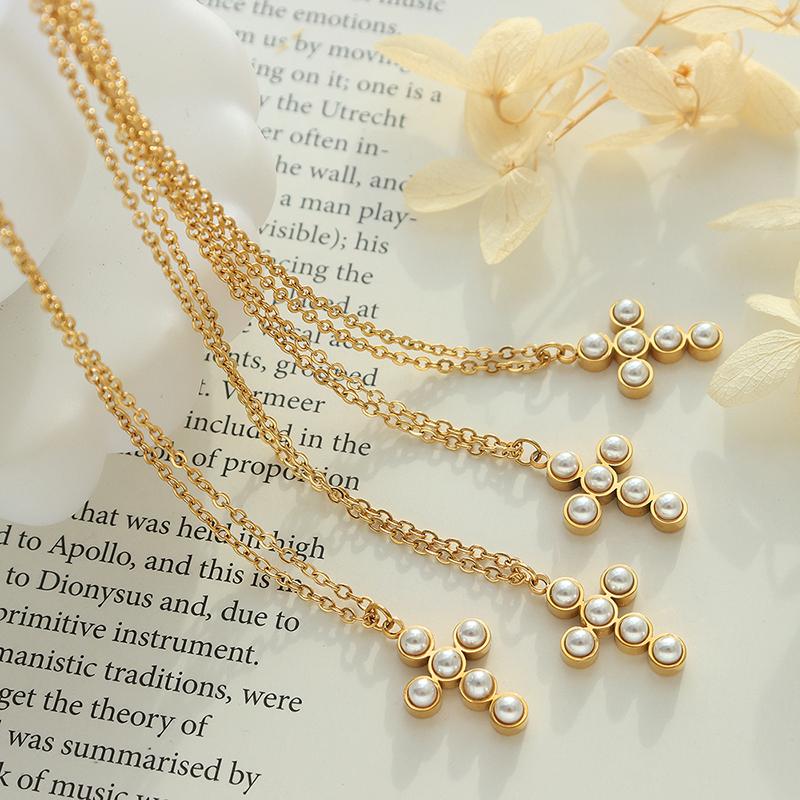Classic Fashion Retro Cross Necklace for Women Stainless Steel Temperament Imitation Pearl Inlaid Necklace High Quality Zircon