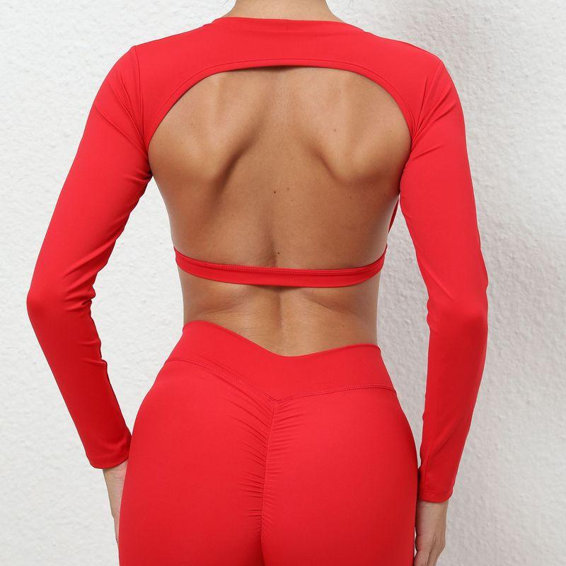 

Fashion with Chest Pad Backless Short Sports Tops Women s Sexy Running Quick-Drying Yoga Clothes Tight Long Sleeves Workout Clothes Red L