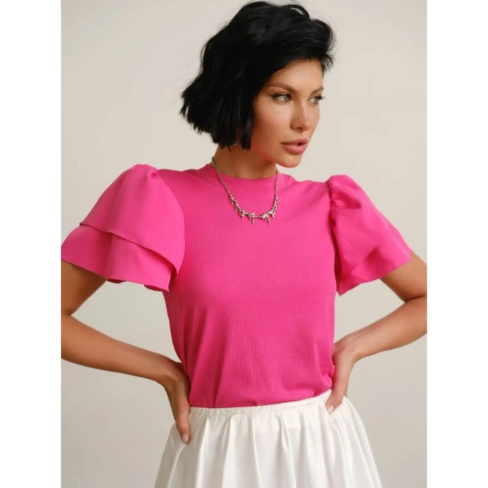 Splicing Chiffon Petal Short Sleeved Round Neck Women's T-shirt Slim Fit and Versatile Casual Top