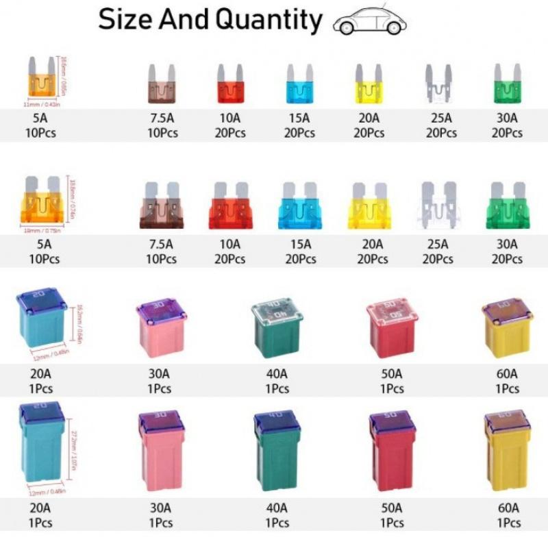 250 Pieces Automotive Fuse Set, Standard Mini Blade, Low And High STD Profile, Box-Shaped, Various Fuses