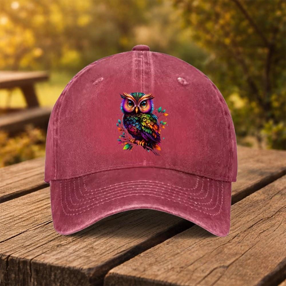 Colorful Owl Print Washed Denim Baseball Cap Adjustable Outdoor Street Casual Headwear