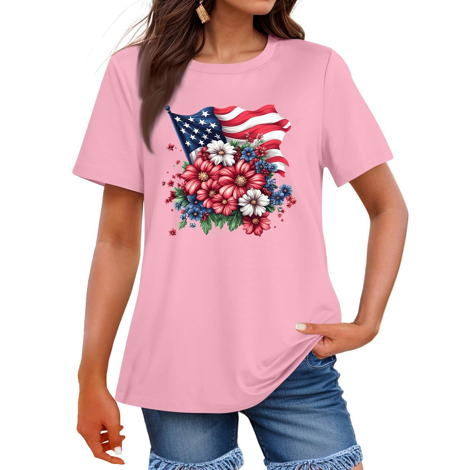 

Women s Fashion Independence Day Printed Round Neck Short Sleeved Casual T-shirt Top XXL розовый