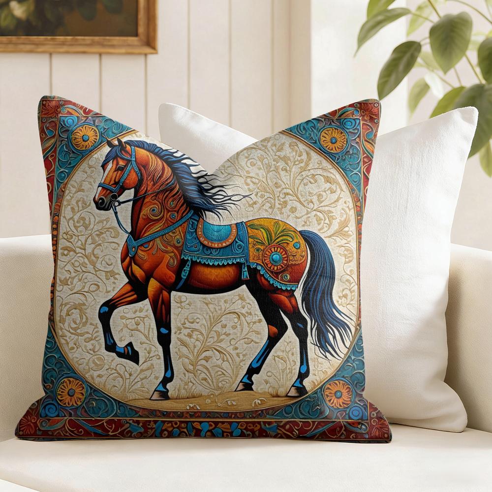 Orange Persian Horse Cushion Cover Natural Linen Organic Fabric Double-Sided Printing Sofa Home Decor Gift Pillow Cover