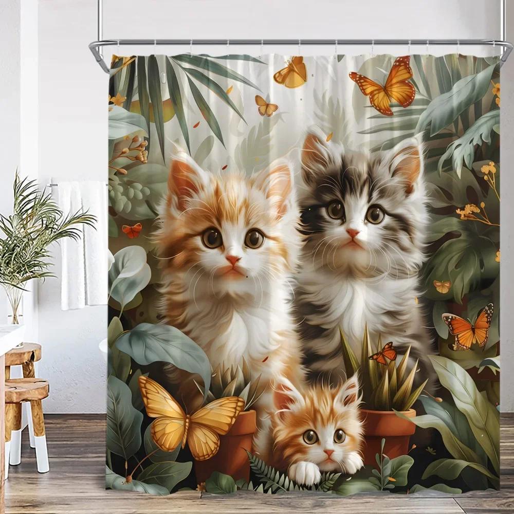 Cute Cat Shower Curtain Flower Cartoon Animal Sunflower Plant Floral Bathroom Home Decor Modern Polyester Bath Curtain with Hook