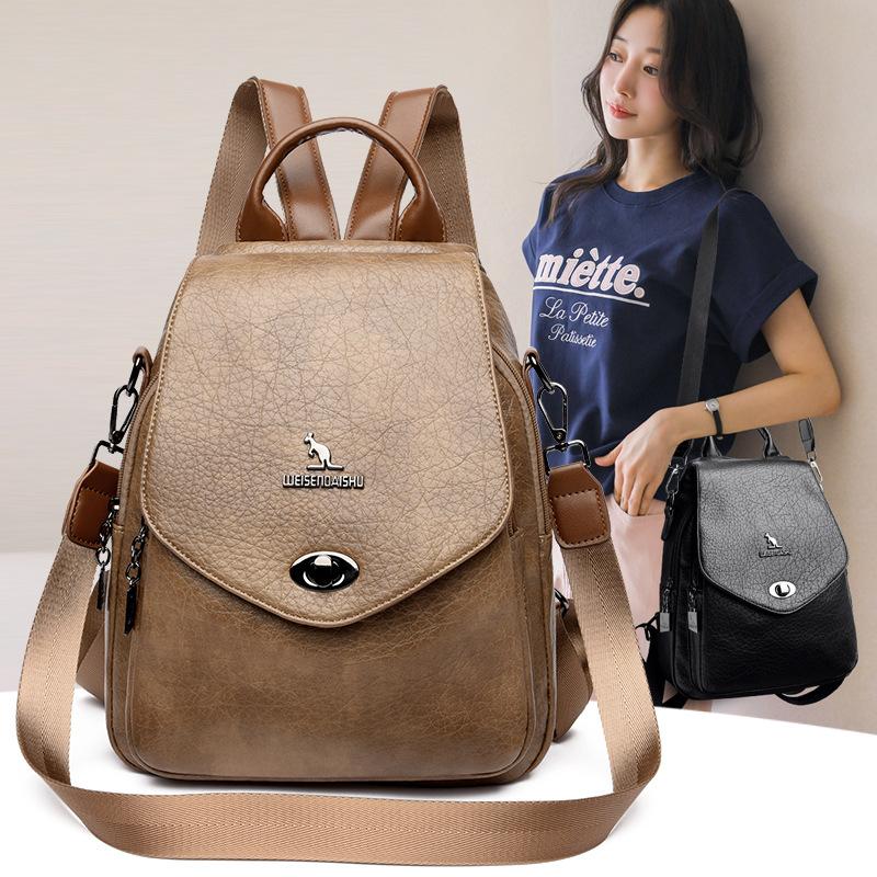 Schoolbag Flip Lock Backpack Women's 1011 New Soft Leather Anti-theft Backpack Multifunctional Commuter Travel School Bag