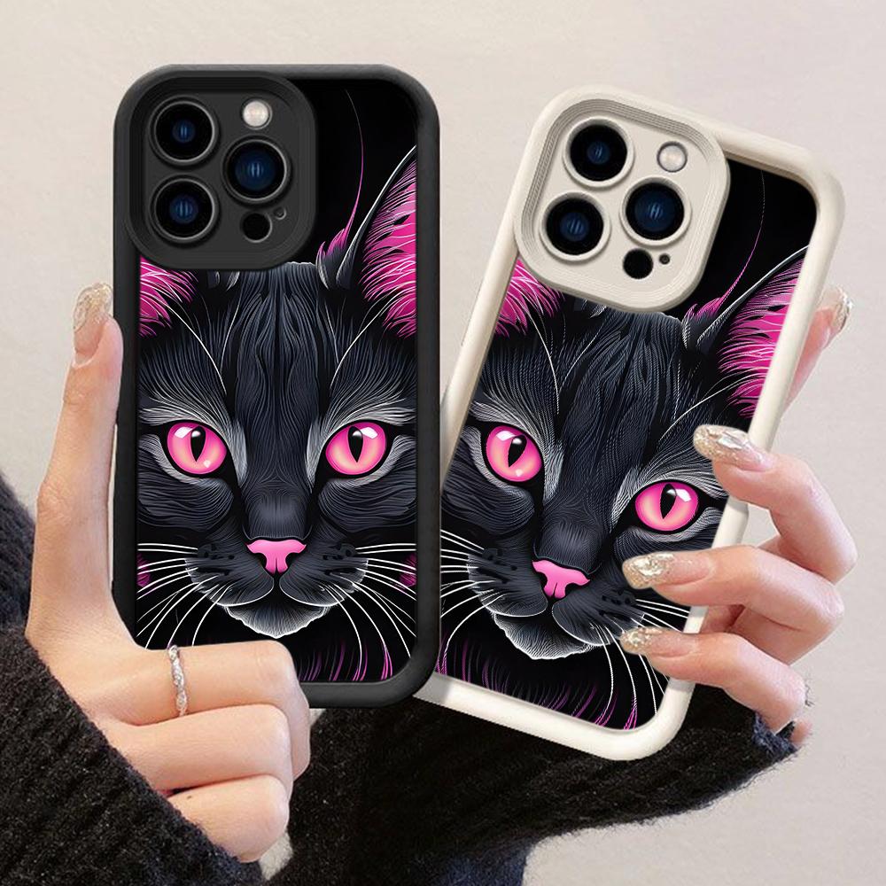 JT73 Black Cat Pink Eyes Phone for iPhone 17 16 15 Pro Max Samsung S26 S25 Ultra A17 A16 A07 A56 Xiaomi 15T Redmi Note 14 Pro Plus Soft TPU Case Cover