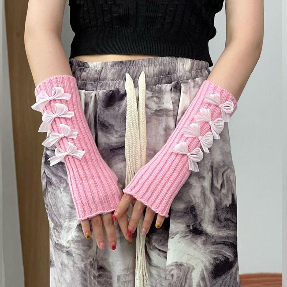 Solid Color Arm Warmers Gothic Wool Sleeve Cuff Punk Bow Knitted Gloves  Girls