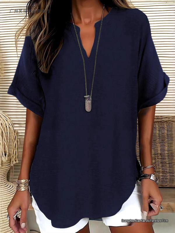 Women's Summer Loose Solid V-Neck Casual Shirt