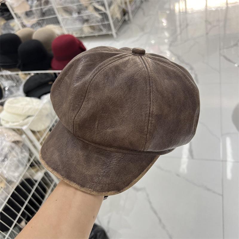 

Осенняя новая восьмиугольная кепка из вымытой ПУ кожи, женская литературная ретро повседневная модная кепка газетчика M（56-58cm） темно-коричневого
