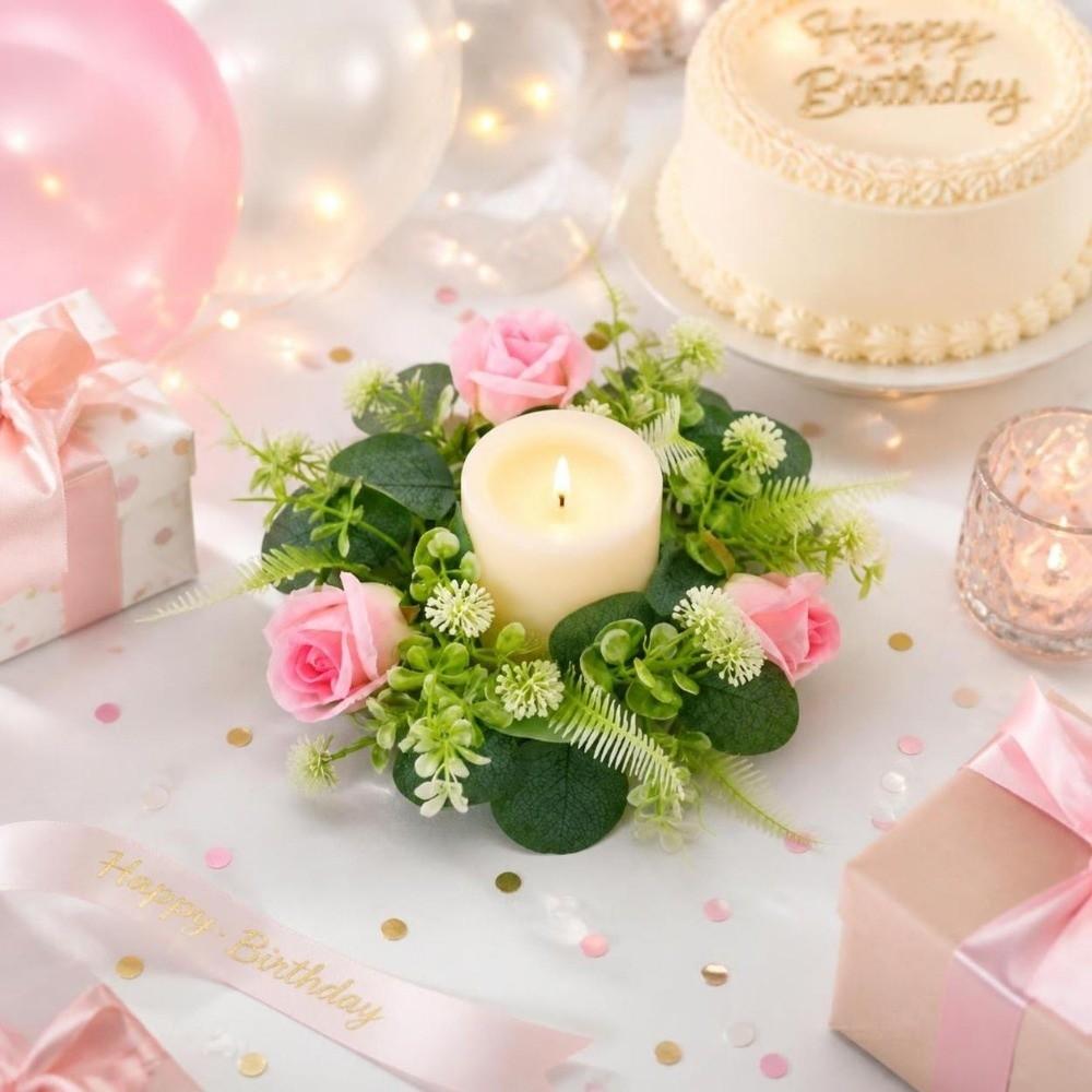 Portavelas de Pilar Rosa Hojas Verdes Artificiales Anillos de Velas Navideños Fiesta