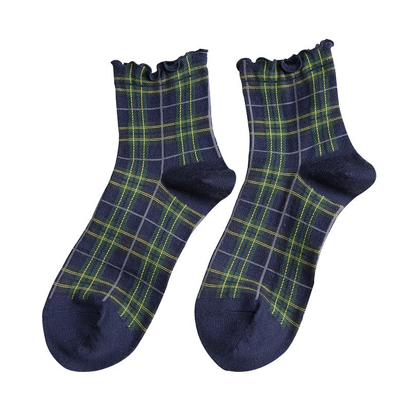 3 páry/lot Letní krátké ponožky Dámské Střapcové okraje Dívčí Studentský styl Retro Dámský styl JP Bavlna Mladá dáma Kostkované Volánky