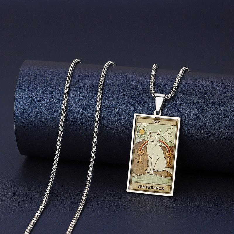Stainless Steel Epoxy Cat Tarot Card Pendant Necklace For Men Boys Animal Divination Jewelry