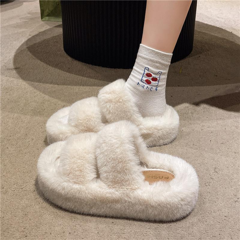 2024 autumn and winter new fluffy slippers women wear large size thick bottom plush office home versatile cotton slippers women