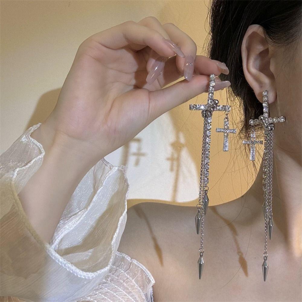 Inlaid Rhinestones Long Tassels Dangle Earrings Fashion Ear Stud Personality Cross Earrings  Women