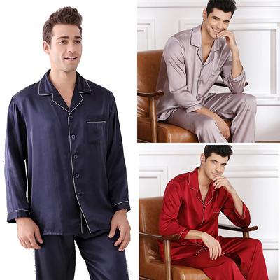 Summer New Man's Ice Silk Pajamas Soft Cardigan Lapel Shirt CasualWear Long-Sleeved Long Pants Solid-Color Homewear