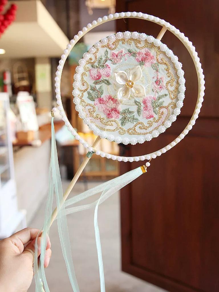Double Petal Machine Embroidery Circular Fan Handicraft Photography Dance Court Retro Style Long Handle Bamboo Fan