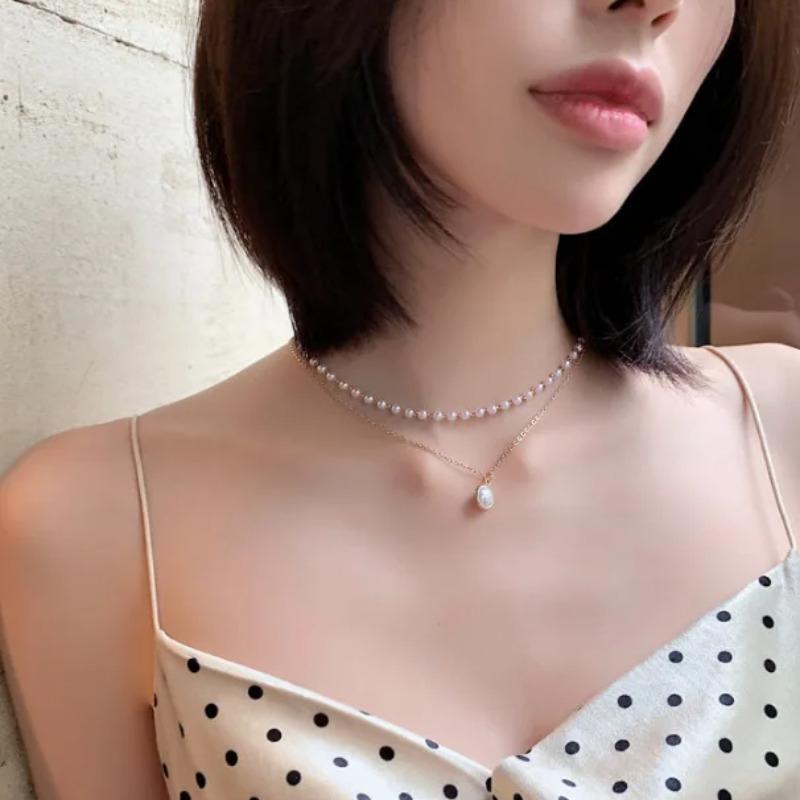 New Fashion Kpop Pearl Gold Color Goth Choker Necklace Cute Double Layer Beads Chain Pendant For Women Party Jewelry Girl Gift