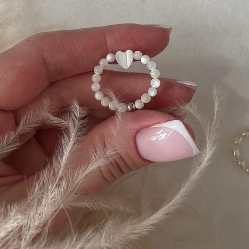 Vintage Baroque Imitation Pearl Love Heart Elastic Rope Beading Rings For Women Fashion Accessories Rings Charm Jewelry Gifts