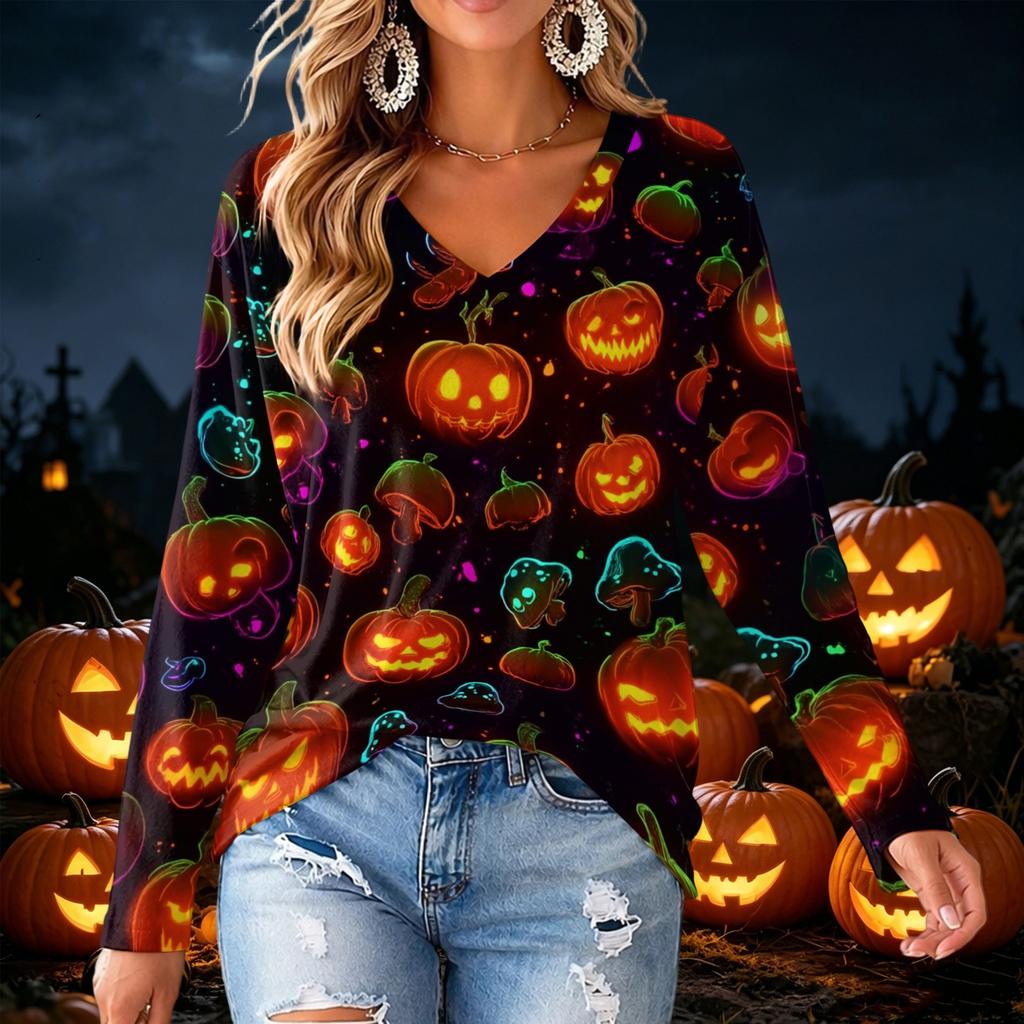 Women's V-Neck Long Sleeve Lightweight Halloween Print Blouse for Casual Wear