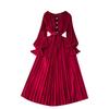 Summer new waist slim lapel pleated dress socialite temperament ruffle edge long sleeves big swing long dress tide
