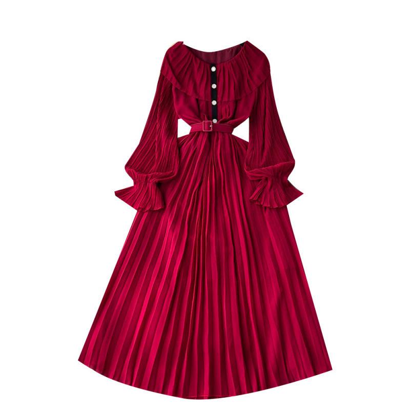 Summer new waist slim lapel pleated dress socialite temperament ruffle edge long sleeves big swing long dress tide