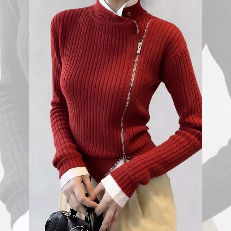 

Light Gray High Neck Side Zip Ribbed Knit Faux Two-Piece Women s Top with Unique 2026 Spring Design One Size красный