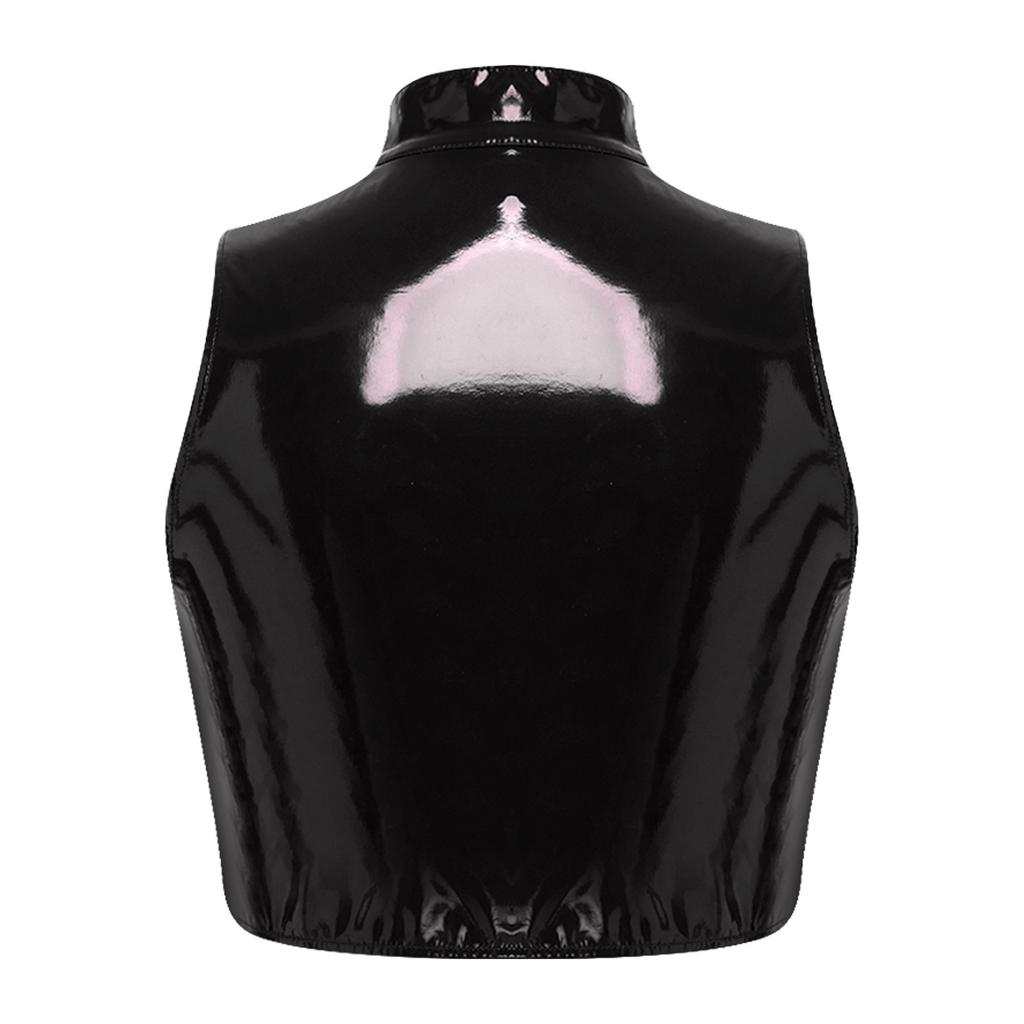 Women PU Leather Crop Top Funny Hollow Out Mock Neck Sleeveless Front Zipper Vest Tank Top