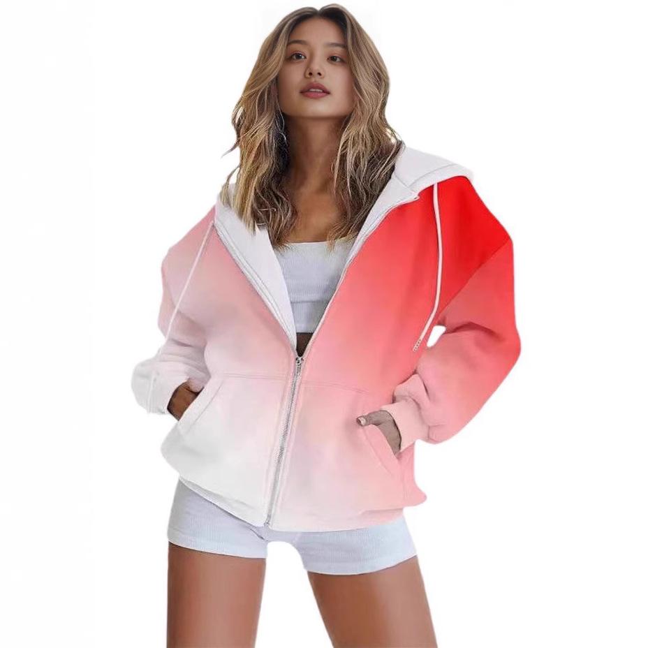 Gradient 3D Print Casual Long Sleeve Zip-Up Hoodie for Women