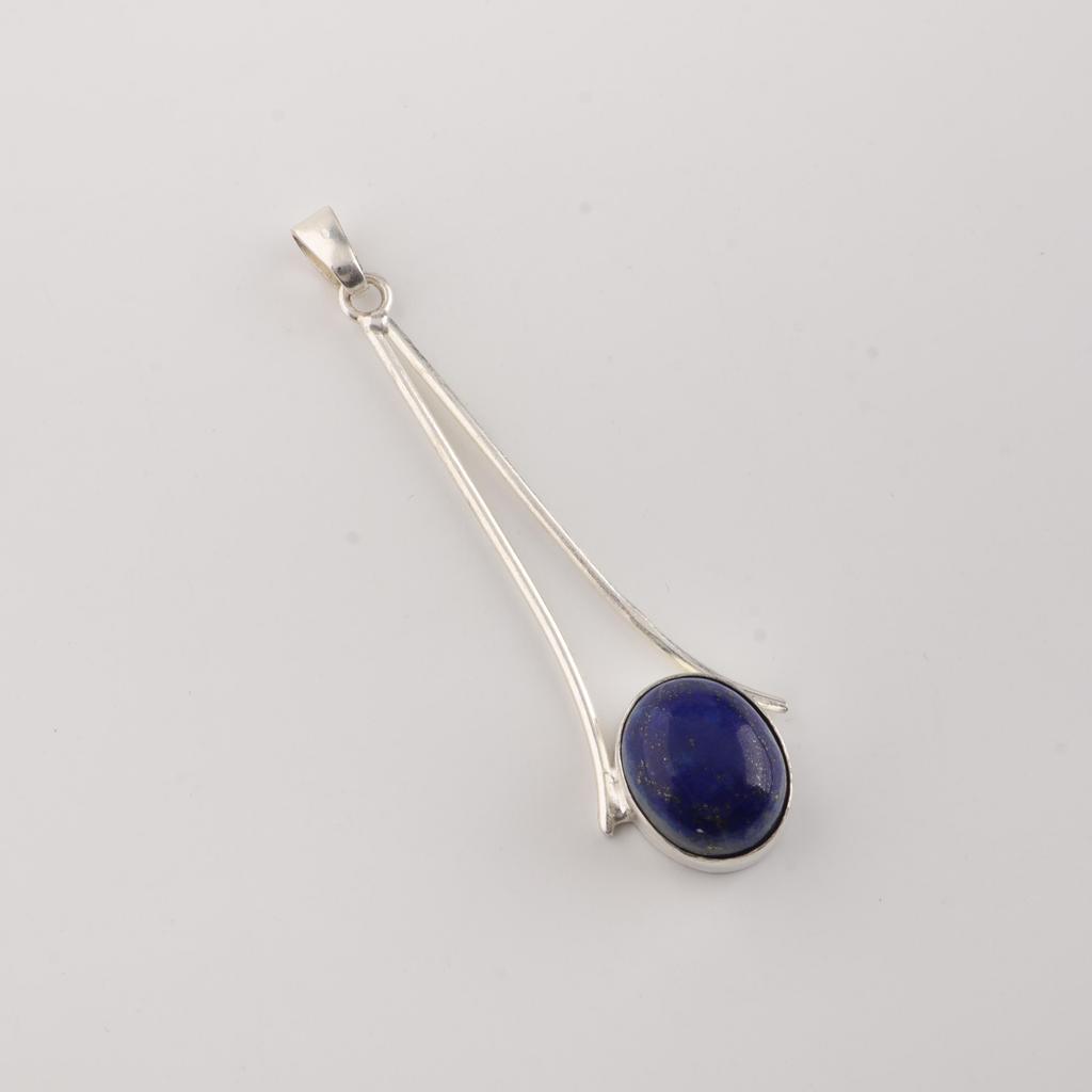 Natural Lapis Lazuli Gemstone 925 Sterling Silver Necklace Handcrafted Jewelry Women's Long Pendant 1.79" PP-69-32