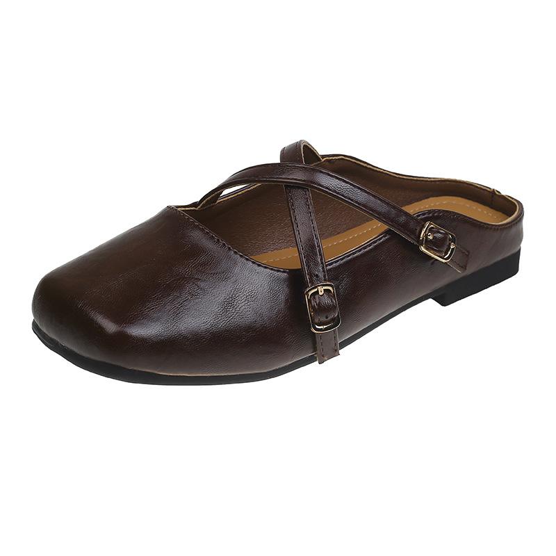 

Носите ленивые тапочки на одной педали для женской весны 2025 года, новые, с перекрестными ремешками, квадратным носком, плоской подошвой, ретро, с сумкой на носке, полутапочки 40 коричневый