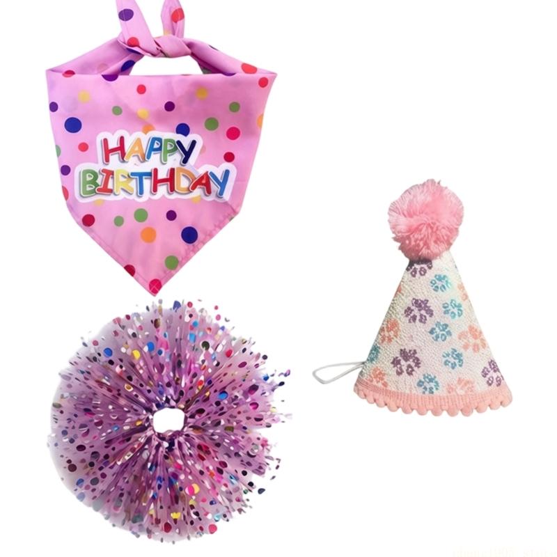 QX2E Lovely Birthday Dog Dress Set Including Party Hat Dog Gift Celebrating Pet Products Supply For Celebration And Photos