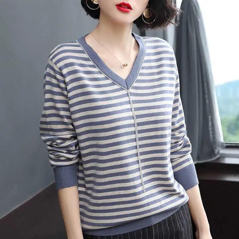 

Весенне-осенний трикотаж большого размера, женский полосатый свободный свитер с v-образным вырезом и длинными рукавами, универсальный топ XXXXL