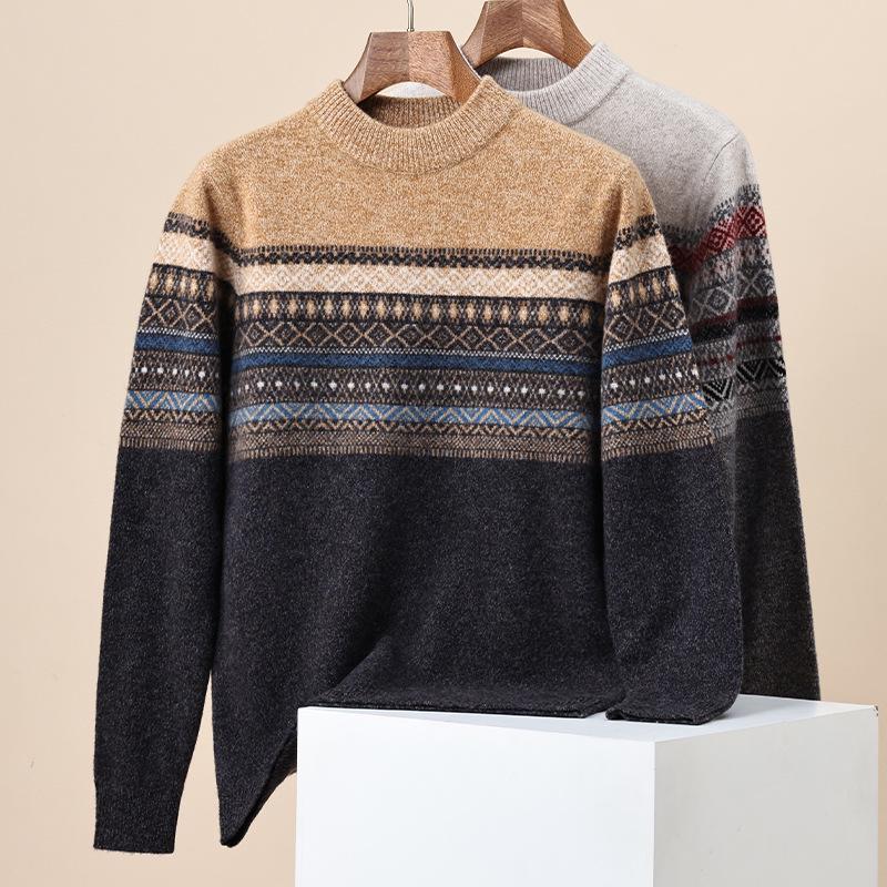 530g Thickened 100% Wool Men's Sweater, Autumn/Winter 2025, Round Neck Striped Knitwear