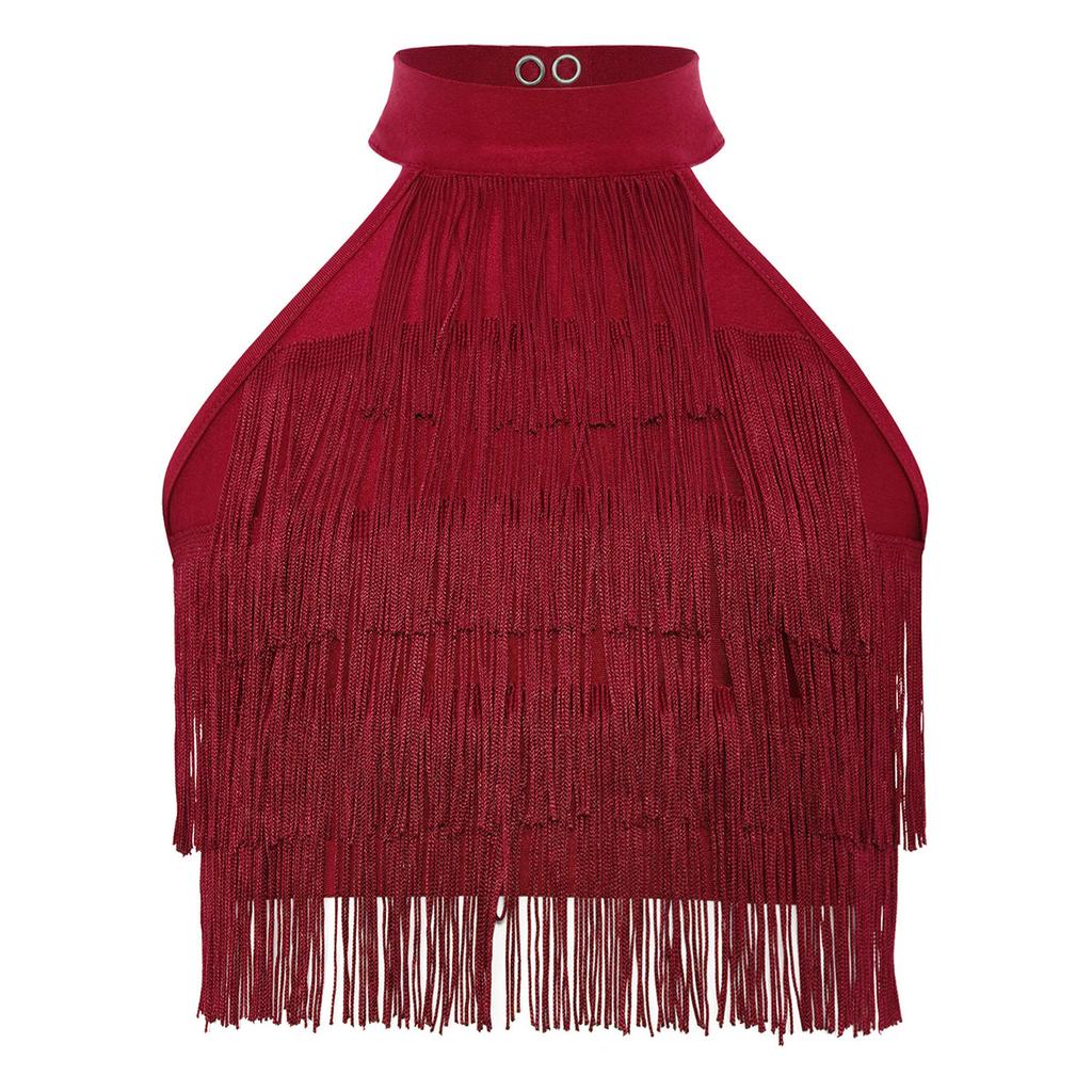 Vielseitiges Latein-Performance-Oberteil für Mädchen: Fransen Crop Top mit offenem Rücken & mehrlagigen Quasten für Salsa, Tanz & Halloween